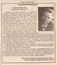 Pro memoria: Elena Gabulaitė: (1916.09.02-1999.10.17). Dialogas, 1999, spal. 22, p. 15.