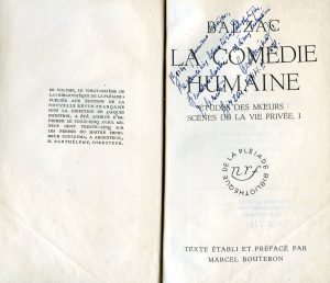 Balzac, Honoré de. La Comédie humaine. [Paris : s.n., s.a.]. (Bibliothèque de la Pleiade). Su dedikacija Naujųjų Biržų žinių redaktorei [Elenai Gabulaitei]. Biržai,1944.II.19d.