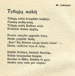 Gabulaitė, Elena. Tyliąją naktį: [eilėraštis]. Ateities spinduliai. 1935, nr. 12, p. 296.