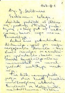 Rašytojo Mykolo Sluckio laiškas, rašytas J. Miltiniui 1967 m. kovo 1 d.