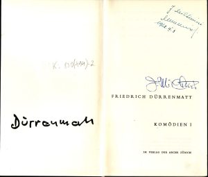 Dürrenmatt, Friedrich. Komödien. Zürich: Verlag der Arche. d. [B.]1. 4. Auflage. 1961. 352, [2] p. Su J. Miltinio proveniencija.