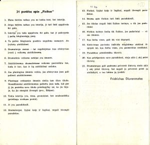 Spektaklio „Fizikai“ (rež. J. Miltinis) programa. 1967 m.