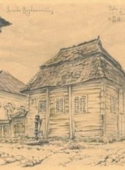 1. Panevėžio sinagoga, 1928 m. Dailininkas Gerardas Bagdonavičius. Piešinys iš Šiaulių „Aušros“ muziejaus rinkinių.