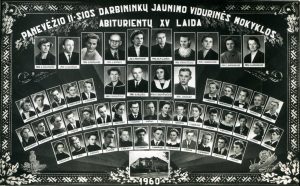 Panevėžio 2-osios darbininkų jaunimo vidurinės mokyklos XV laidos abiturientai ir pedagogai. Viršutinėje eilėje iš kairės 6-as – mokymo dalies vedėjas Motiejus Lukšys. 1960.06.21. PAVB F68-141