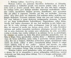 Povilonis, J. Motiejus Lukšys. Saulėtą dieną: [recenzija] // Židinys. 1938, nr. 11, p. 632.