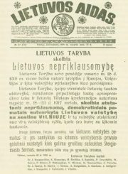 3. Lietuvos nepriklausomybės aktas, paskelbtas laikraštyje „Lietuvos aidas“, 1918 m. vasario 19 d. Nuotrauka iš knygos „Prelatas Kazimieras Steponas Šaulys“