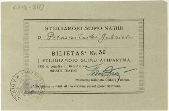Bilietas į Steigiamojo Seimo atidarymą Steigiamojo Seimo narei Gabrielei Petkevičaitei. 1920 m. LLTI MB F30-869