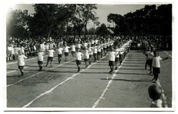 Panevėžio miesto pradžios mokyklos Nr. 1 10-mečio jubiliejus. Moksleivių parodomoji mankšta. Fotogr. A. Patamsio. 1933 m. PAVB F8-637