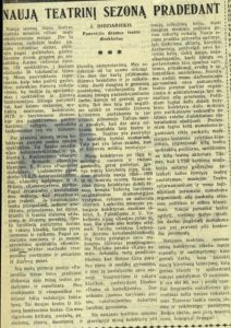 Didžiariekis, J. Naują teatrinį sezoną pradedant. Panevėžio tiesa, 1958, spal. 4