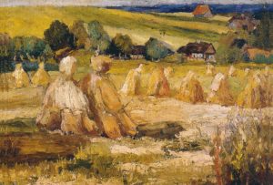 Naruševičius, Kazimieras. Rugiapjūtė. 1949 m., drobė, aliejus, 80 x 100 cm // Čiplytė, Joana Viga. Kazys Naruševičius: tapytojas, mokytojas. Vilnius, 1999. P. 59