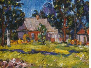 Naruševičius, Kazimieras. Mano tėviškė. 1989 m., drobė, aliejus, 80 x 100 cm // Čiplytė, Joana Viga. Kazys Naruševičius: tapytojas, mokytojas. Vilnius, 1999. P. 79