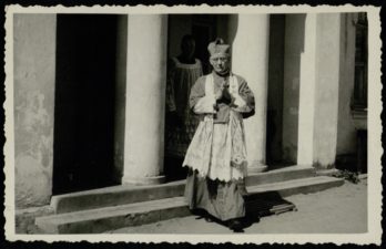 Vyskupas Kazimieras Paltarokas minint vyskupo 50-ies metų kunigystės jubiliejaus iškilmes. Panevėžys. 1952.05. VKPA