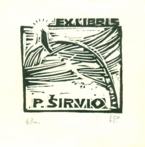 P. Širvio ekslibrisas. Lino raižinys. Aut. L. Pučkoriūtė, 1963 m. Maironio lietuvių literatūros muziejus