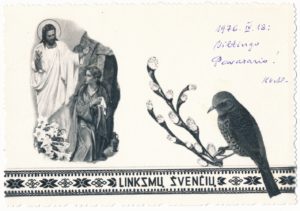 Aliulis, Vaclovas. Sveikinimas šv. Velykų proga Jonui Zaborskui. Turgeliai–Vilnius. 1976 04 18. Panevėžio apskrities Gabrielės Petkevičaitės-Bitės viešoji biblioteka, Juozo ir Kamilijos Zaborskių šeimos fondas F153-73