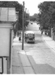 Žvilgsnis į Respublikos gatvę iš Kultūros namų balkono. Panevėžys, 1955 m. Fotografas – P. Aleksandravičius. Nuotrauka iš Panevėžio kraštotyros muziejaus rinkinių