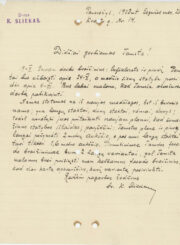 2. K. Slieko laiškas V. Landsbergiui-Žemkalniui. 1928 m. gegužės 20 d. Lietuvos literatūros ir meno archyvas. F. 81, ap. 1, b. 363, l. 1