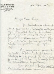 1. Juozo Miltinio laiškas apie ketinimus persikelti gyventi į Telšius ir įsteigti dramos studiją. 1939 m. liepos 14 d. Iš Žemaičių muziejaus „Alka“ rinkinių