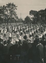 Panevėžio miesto pradžios mokyklos Nr. 1 dešimties metų sukaktuvės. Moksleivių parodomoji mankšta su vėliavėlėmis. Fotografas A. Patamsis. Panevėžys. 1933 06 11. PAVB, F8-637