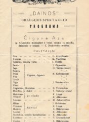 Daina (draugija). Panevėžio skyrius. Valdyba. Čigonė Aza : Ig. Kraševskio muzikalinė 5 veiks. drama su muzika, dainomis ir šokiais : „Dainos“ draugijos spektaklio programa / muzika Z. Noskovskio ; režisierius ir dirigentas M. Karka ; [„Dainos“ draugija. Panevėžio skyrius. Valdyba]. [Panevėžys : „Dainos“ draugija. Panevėžio skyrius. Valdyba], s.a. (Panevėžys : „Bangos“ spaustuvė). PAVB, Mykolo Karkos fondas F12-86-5