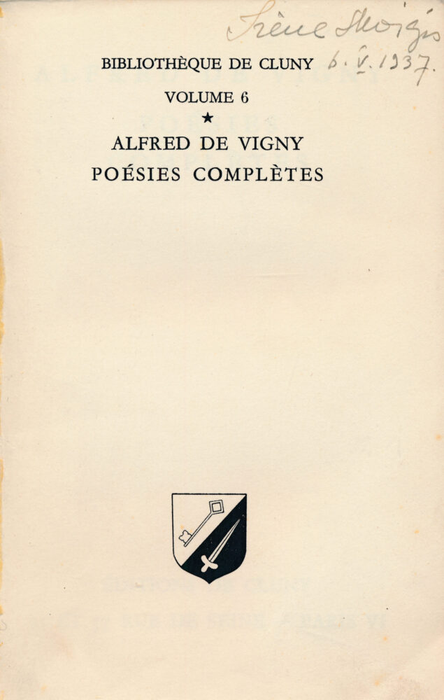 Irenos Moigytės įrašas knygoje: Vigny, Alfred de. Poésies complètes. Paris, 1926. 242, [1] p. PAVB, S18399