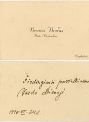 Bručas, Bronius. Sveikinimas vardo dienos proga neidentifikuotam asmeniui ant vizitinės kortelės. Anykščiai. 1940 06 24. PAVB, Vincento Lukoševičiaus fondas F134