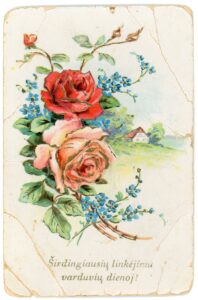 Kazlauskas, A. Sveikinimas vardo dienos proga Domicėlei Pauliukaitei-Žiaunienei. Subačius (Kupiškio r.). 1926 05 05. PAVB, Vytauto ir Silvijos Vilkončių fondas F154-1599)