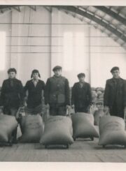 Panevėžio cukraus fabriko darbininkai sandėlyje prie karučiuose sukrautų cukraus maišų. Fotogr. J. Žitkus. Panevėžys. Apie 1941 m. PAVB, Pavienių rankraščių fondas F8