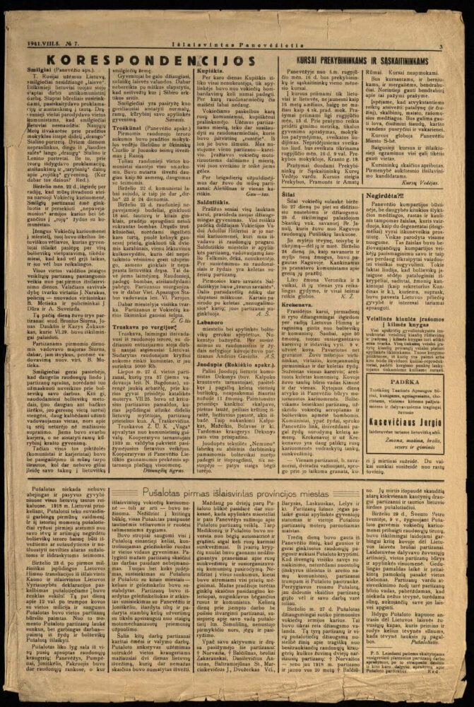 Laikraštis „Išlaisvintas panevėžietis“ 1941 m. Nr. 7, p. 3