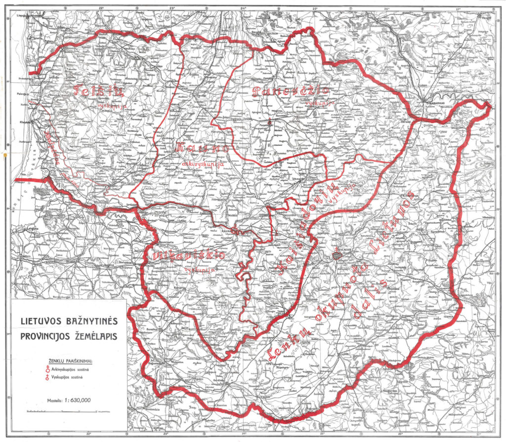 Lietuvos bažnytinės provincijos žemėlapis. Iš knygos: Alekna, Antanas. Katalikų bažnyčia Lietuvoje. Kaunas. 1936 m.