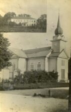 Saločių bažnyčia ir klebonijos pastatas (1944 m. sudegus medinei bažnyčiai, šiame pastate nuo 1945 m. vykdavo pamaldos). Saločiai (Pasvalio r.). Apie 1944 m. Iš: www.limis.lt; Biržų krašto muziejus „Sėla“, pirm. apsk. nr. BKM GEK 27588/3