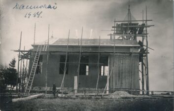 Daunorių Švč. Jėzaus Širdies bažnyčios statyba. Daunoriai (Utenos r.). 1934 m. PAVB, Panevėžio vyskupijos kurijos skaitmeninis archyvas